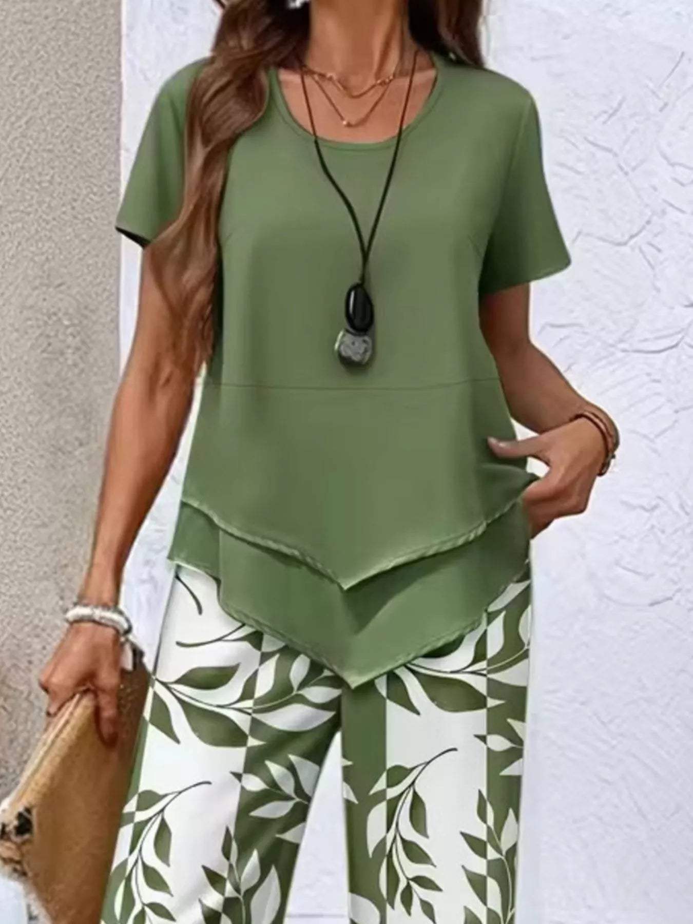Layered Top and Leaf Print Cropped Pants Set - Trendsi - Flyclothing LLC