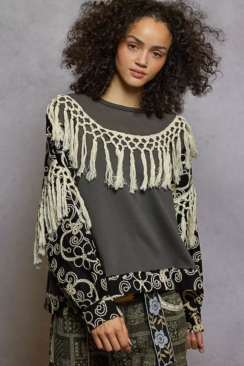 POL Contrast Floral Embroidery Balloon Sleeve Top with Tassel Trim - Trendsi - Flyclothing LLC