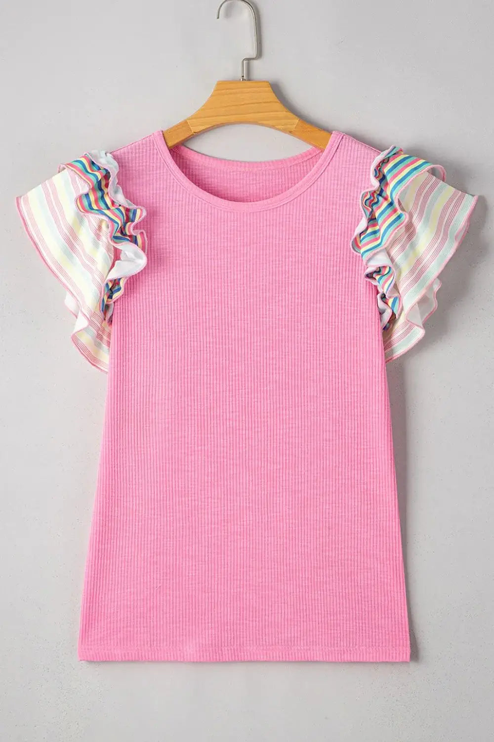 Striped Ruffle Flutter Sleeve Ribbed Blouse - Trendsi - Flyclothing LLC