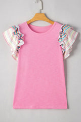 Striped Ruffle Flutter Sleeve Ribbed Blouse - Trendsi - Flyclothing LLC