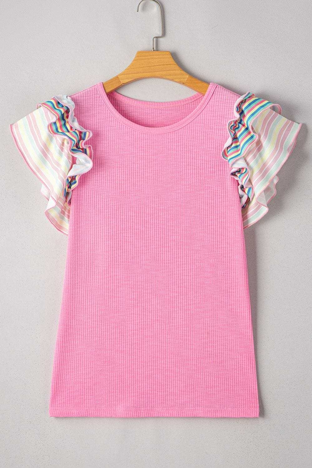 Striped Ruffle Flutter Sleeve Ribbed Blouse - Trendsi - Flyclothing LLC