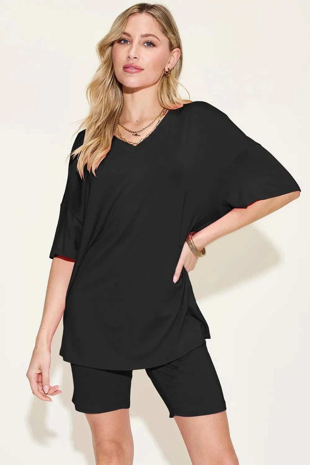 Basic Bae Bamboo Full Size V-Neck Drop Shoulder T-Shirt and Shorts Set - Trendsi - Flyclothing LLC