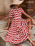 Wavy Striped Round Neck Short Sleeve Dress - Trendsi - Flyclothing LLC