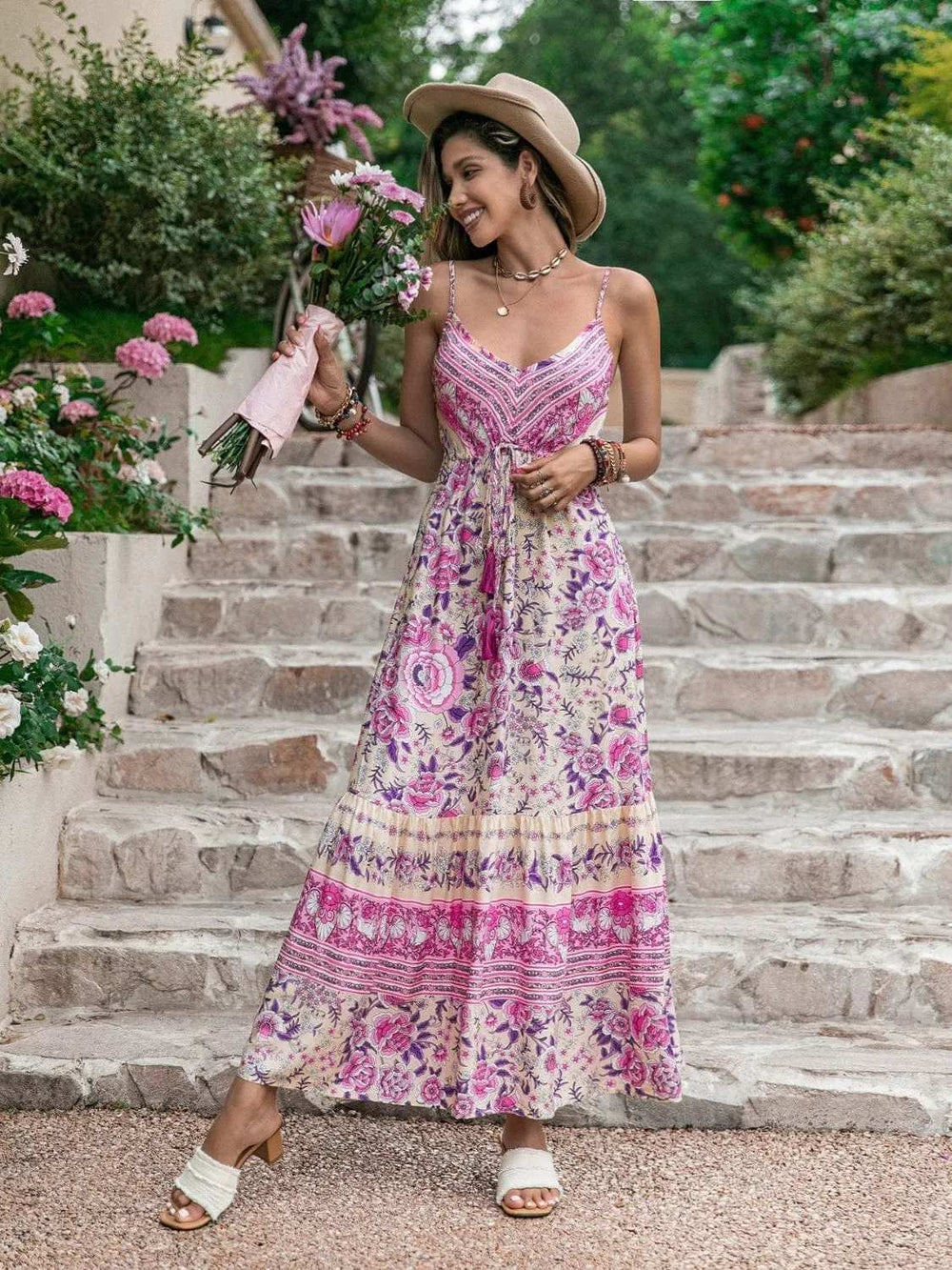 Tassel Printed V-Neck Maxi Dress - Trendsi - Flyclothing LLC