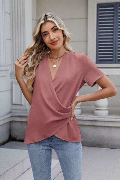 Solid Color Surplice Short Sleeve Blouse - Trendsi - Flyclothing LLC