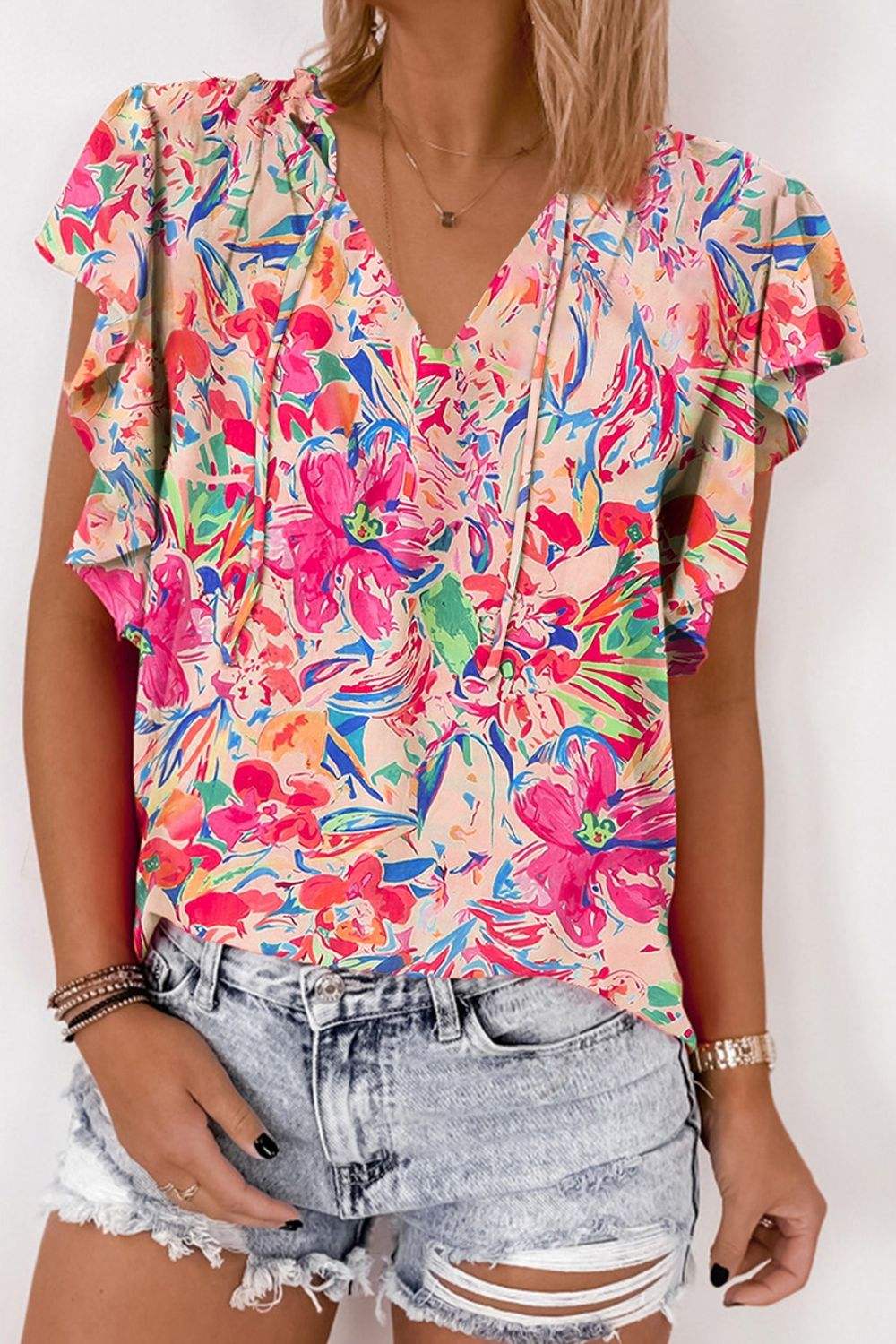 Ruffled Printed Tie Neck Cap Sleeve Blouse - Trendsi - Flyclothing LLC