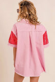 BiBi Sequin Detail Raw Hem Short Sleeve Shirt - Trendsi - Flyclothing LLC