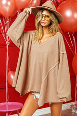 BiBi V-Neck Waffle Uneven Hem Top - Trendsi - Flyclothing LLC