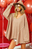 BiBi V-Neck Waffle Uneven Hem Top - Trendsi - Flyclothing LLC