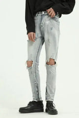 Pocketed Distressed Jeans with Side Zip - Trendsi - Flyclothing LLC