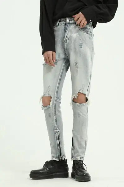 Pocketed Distressed Jeans with Side Zip - Trendsi - Flyclothing LLC