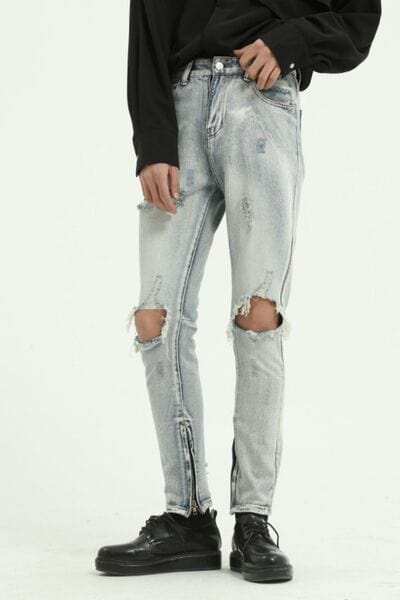 Pocketed Distressed Jeans with Side Zip - Trendsi - Flyclothing LLC