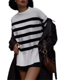 Side Slit Striped Oversized Knit Sweater - Trendsi - Flyclothing LLC