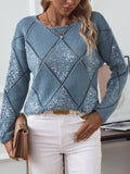 Openwork Round Neck Long Sleeve Knit Top - Trendsi
