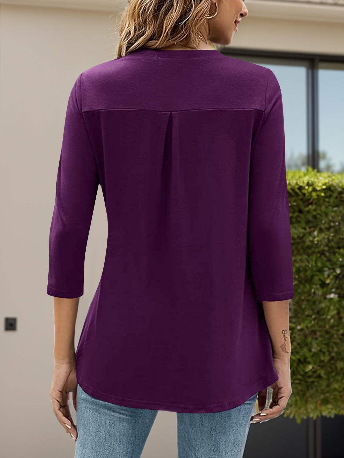 Notched Three-Quarter Sleeve T-Shirt - Trendsi - Flyclothing LLC
