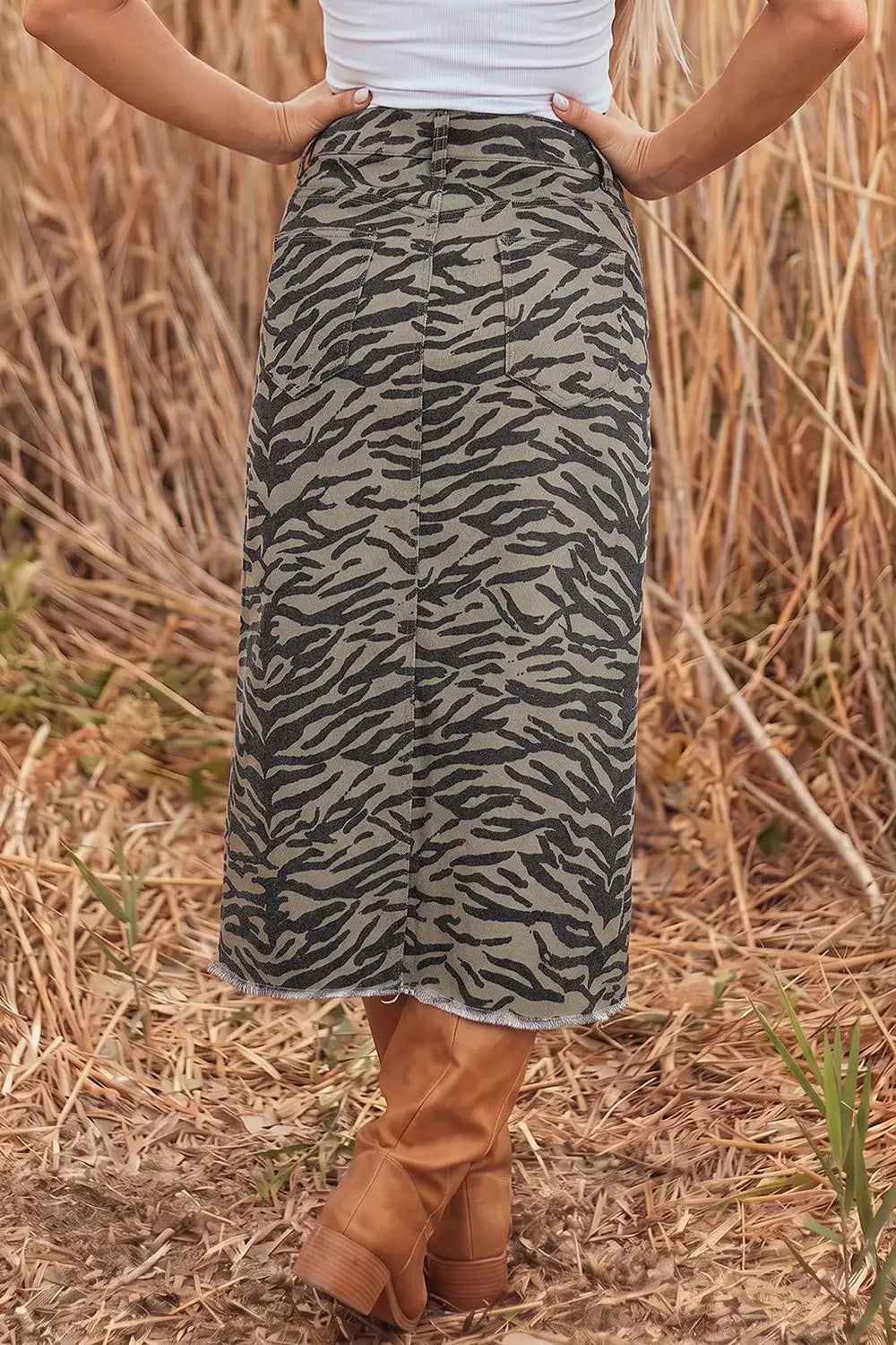 Leopard Print Side Split Frayed Hem Denim Midi Skirt - Trendsi - Flyclothing LLC