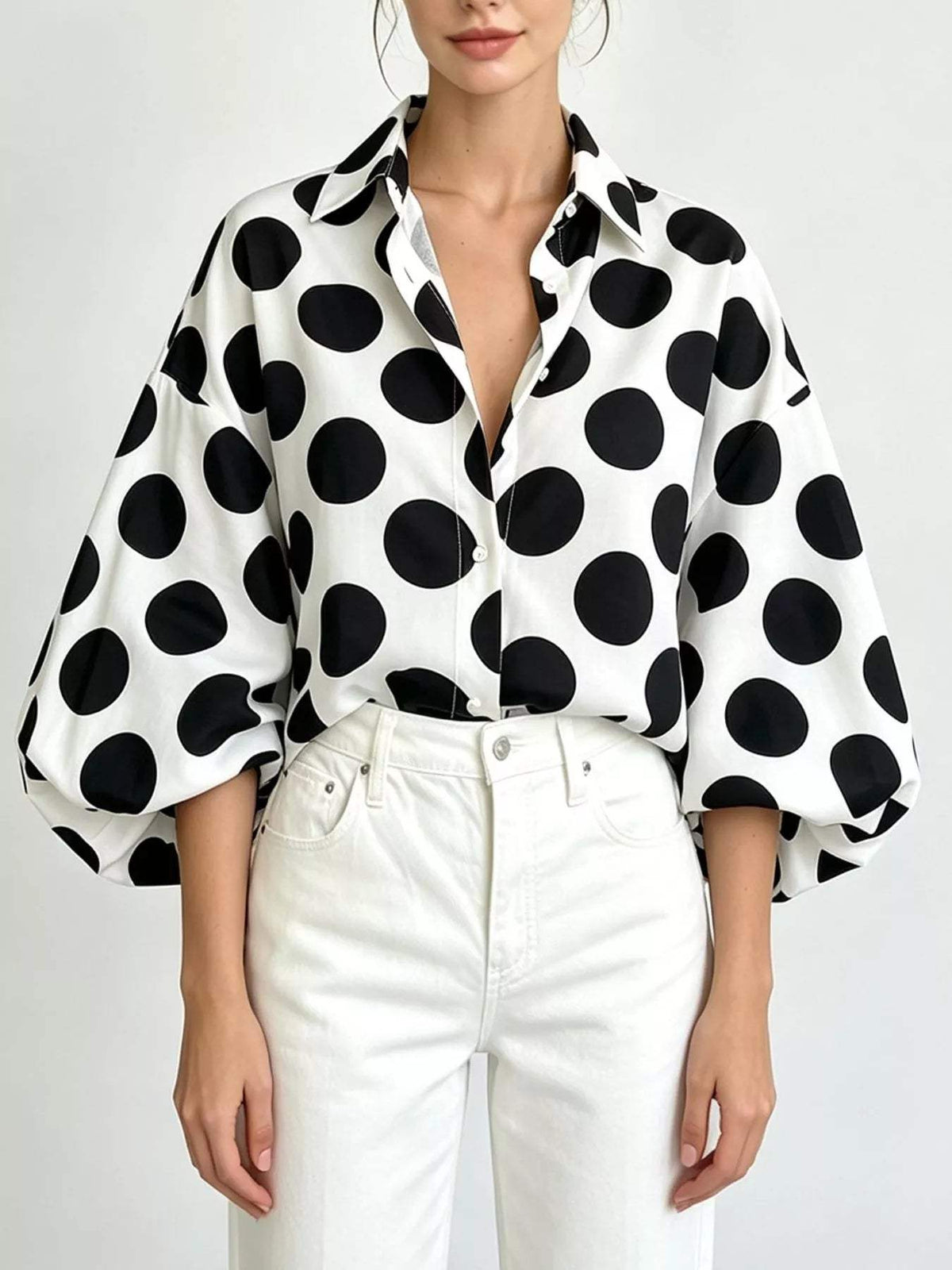 Polka Dot Puff Sleeve Shirt - Trendsi - Flyclothing LLC