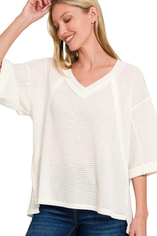 Zenana Brushed Waffle Exposed-seam 3/4 Sleeve Top - Trendsi - Flyclothing LLC