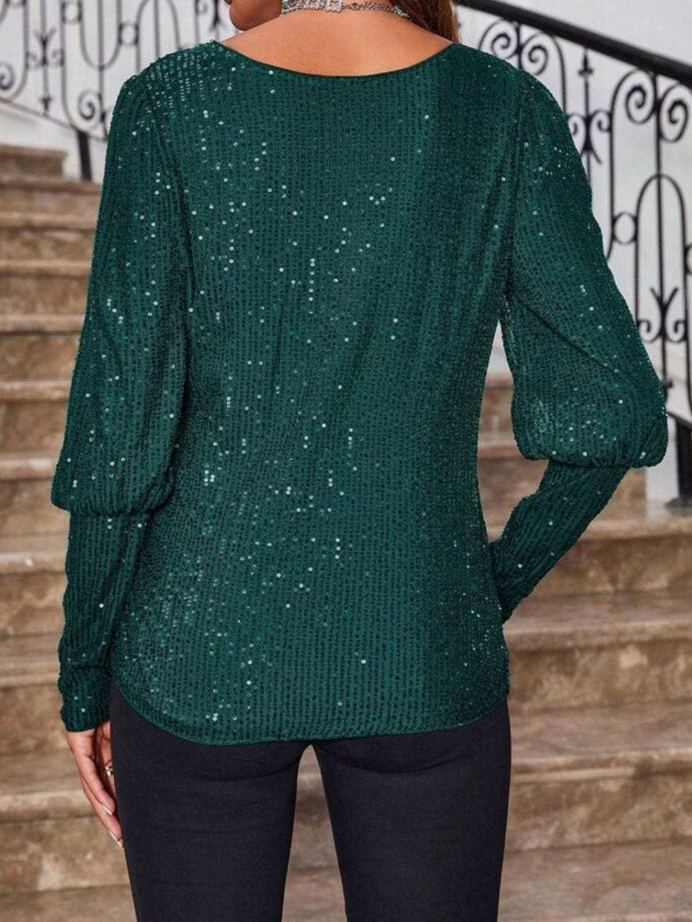 Sequin Boat Neck Long Sleeve Top - Trendsi - Flyclothing LLC