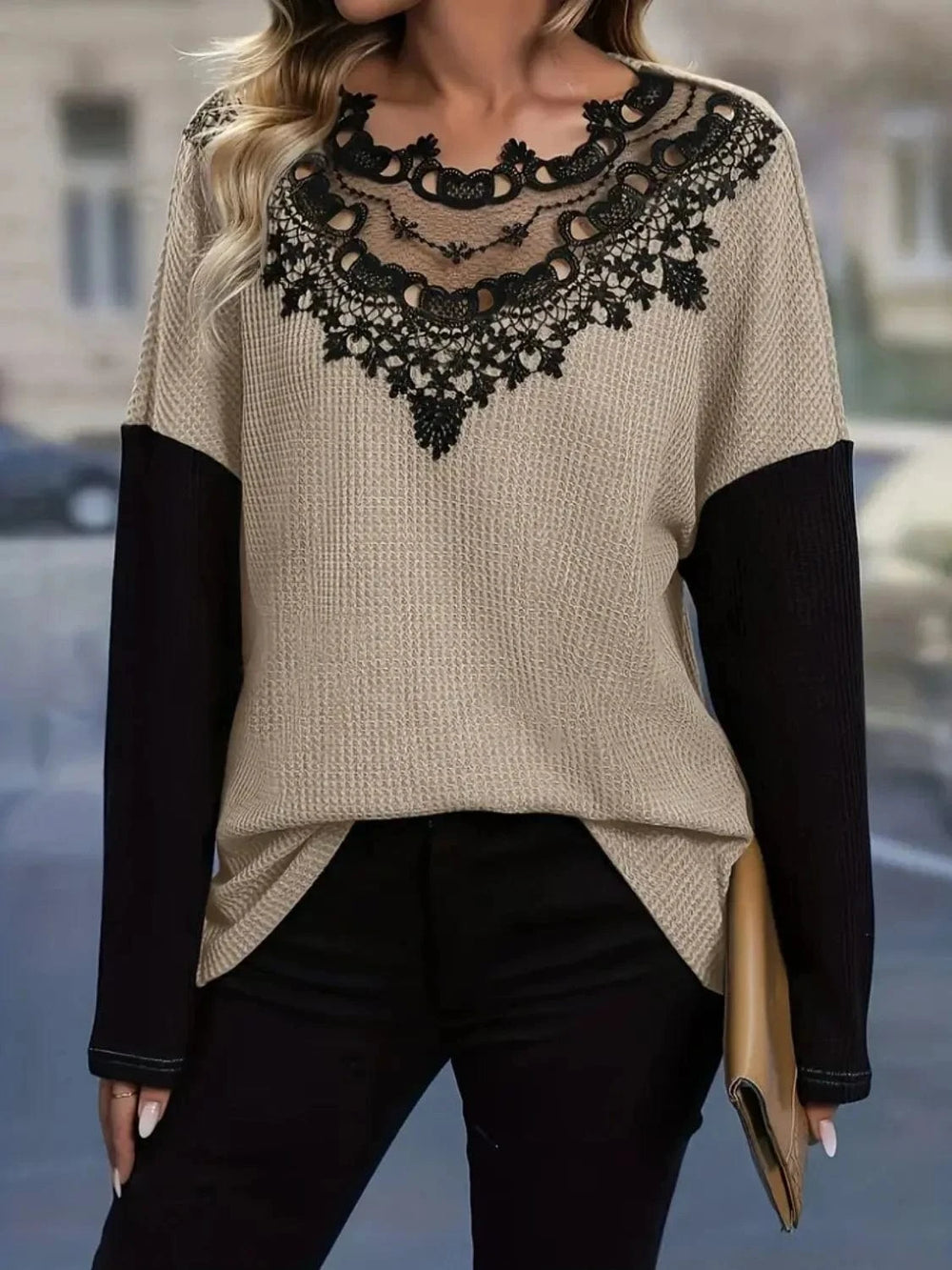 Contrast Lace Round Neck Long Sleeve T-Shirt - Trendsi
