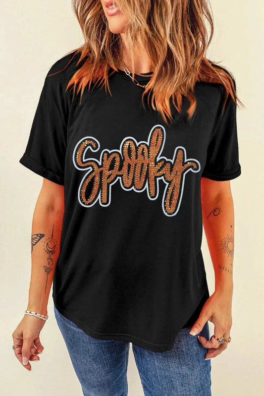 Rhinestone Letter Round Neck Short Sleeve T-Shirt - Trendsi - Flyclothing LLC