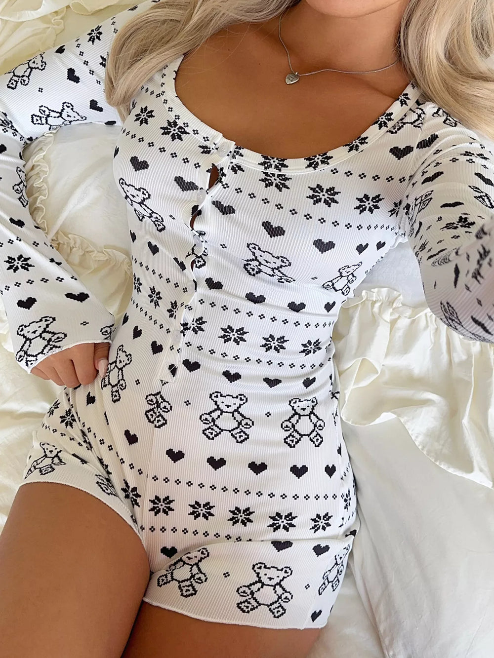 Printed Long Sleeve Romper - Trendsi - Flyclothing LLC