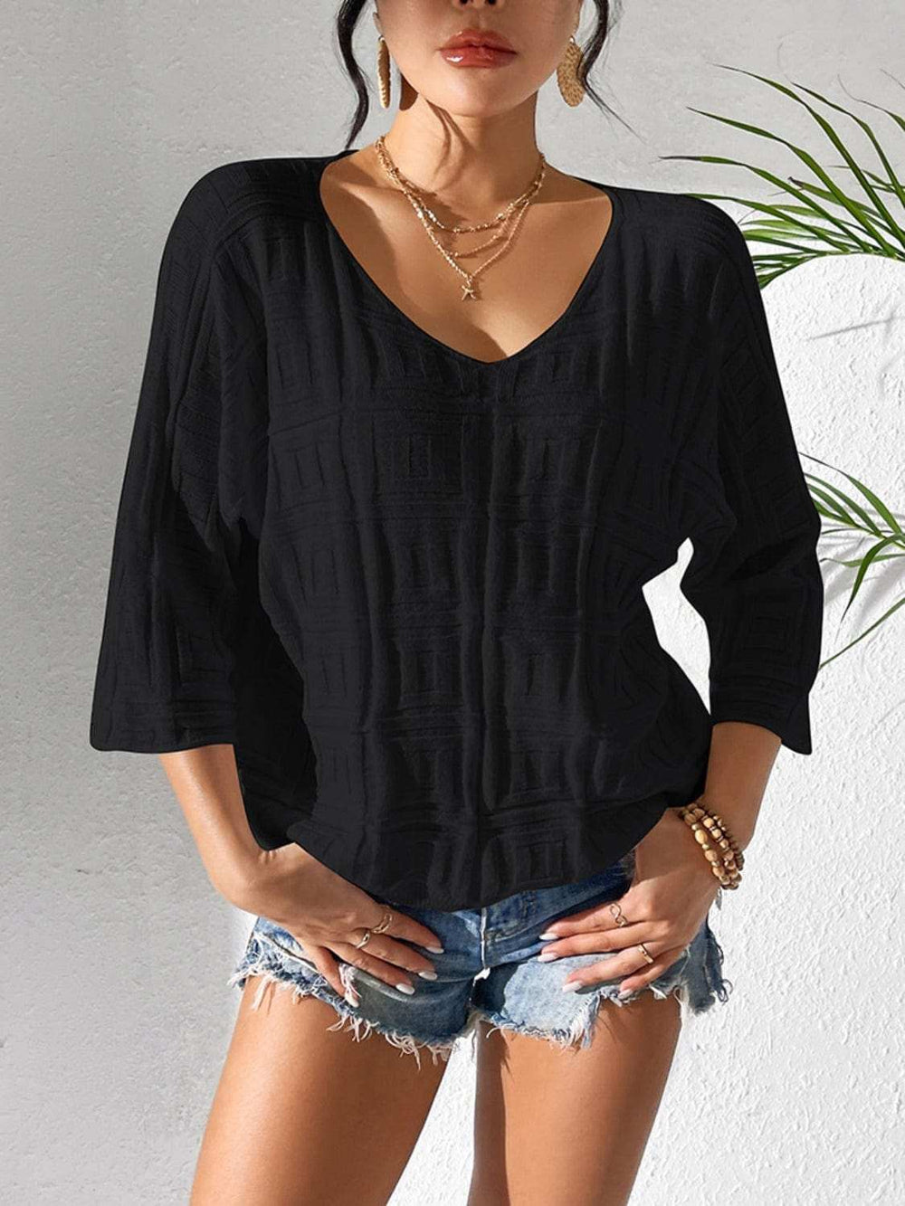 V-Neck Three-Quarter Sleeve Knit Top - Trendsi - Flyclothing LLC