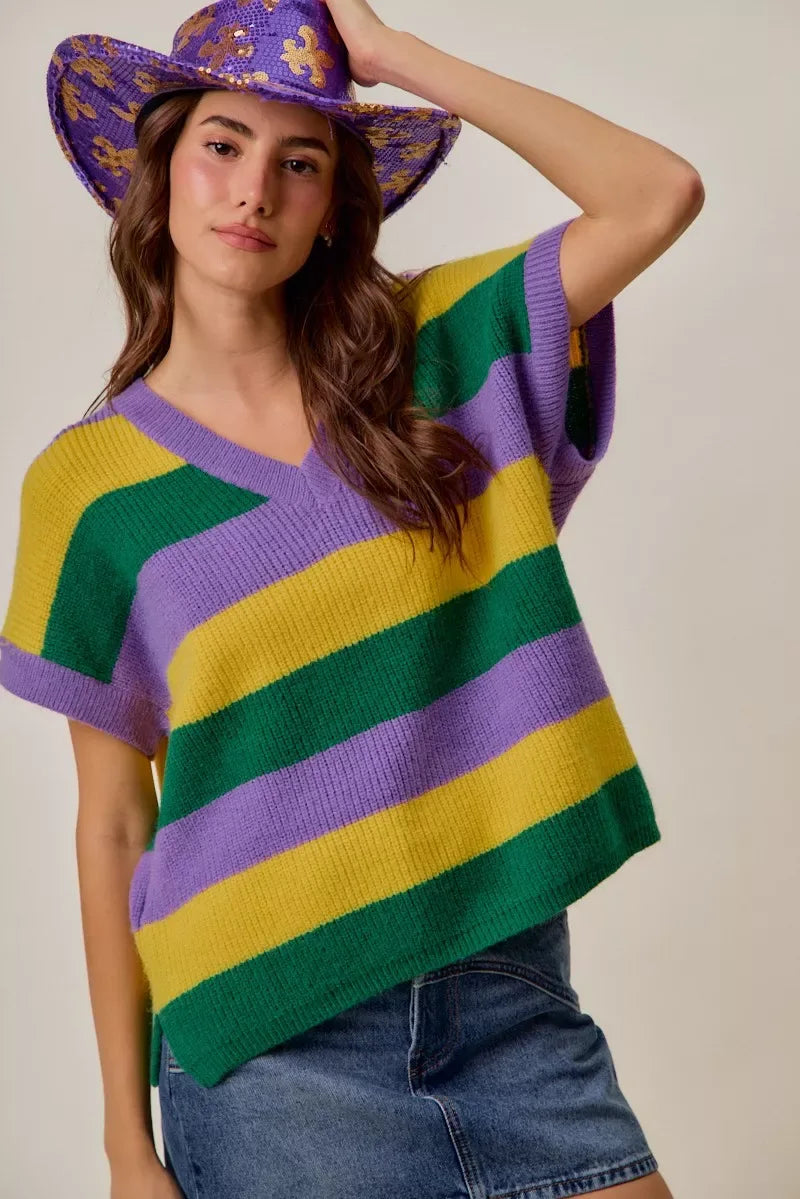 SO ME Mardi Gras Loose Fit V Neck Stripe Sweater Top - Trendsi - Flyclothing LLC