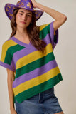 SO ME Mardi Gras Loose Fit V Neck Stripe Sweater Top - Trendsi - Flyclothing LLC