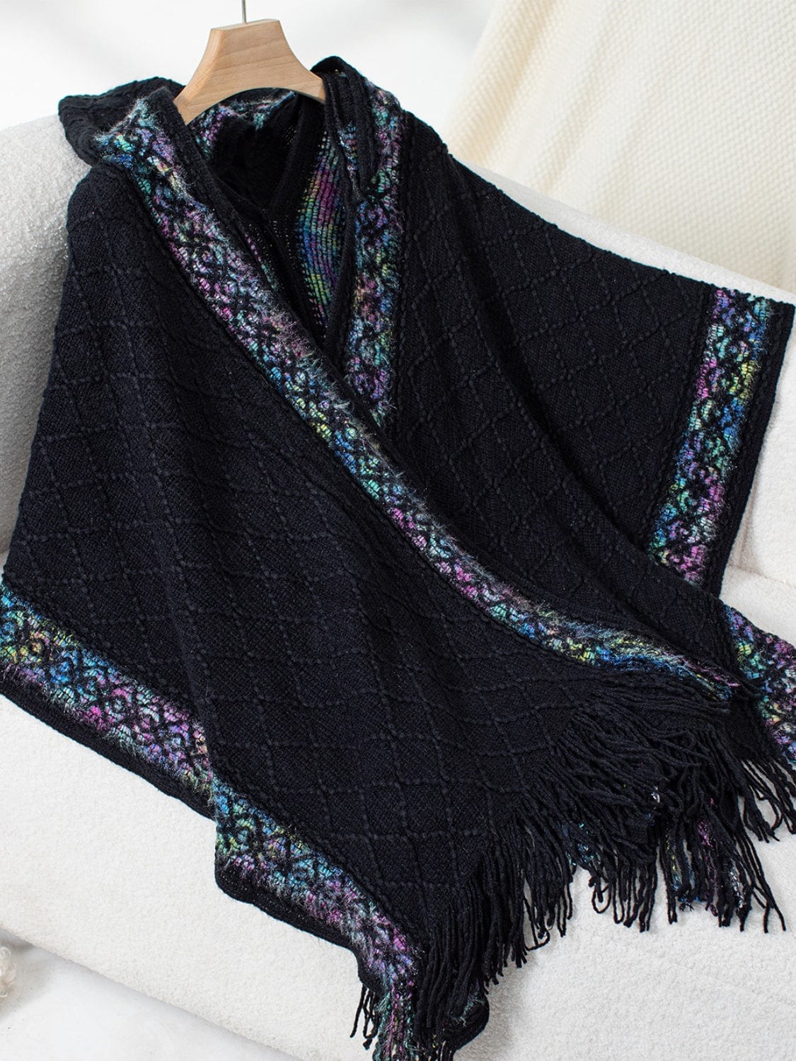 Fringe Half Sleeve Hooded Poncho - Trendsi