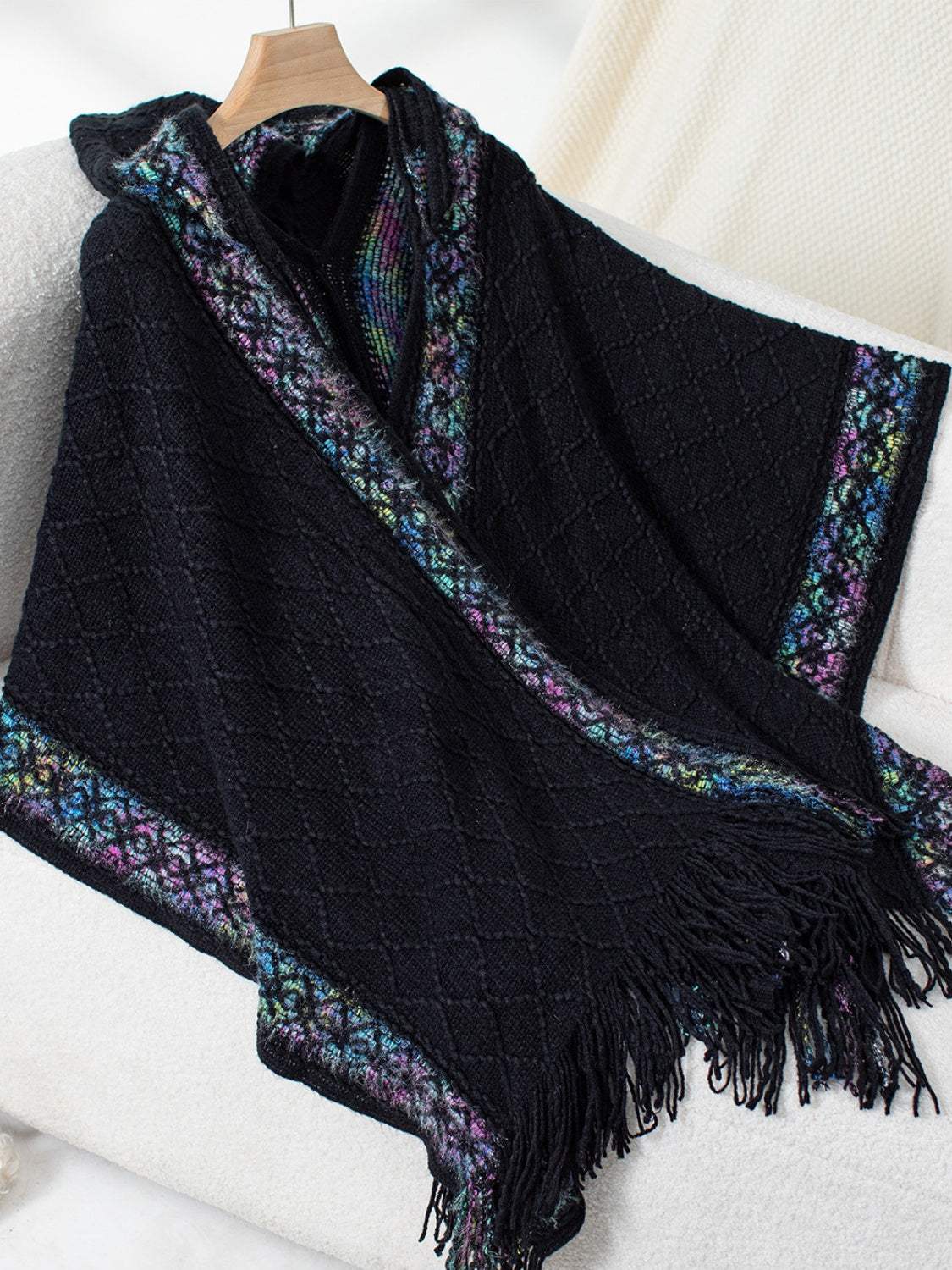 Fringe Half Sleeve Hooded Poncho - Trendsi - Flyclothing LLC