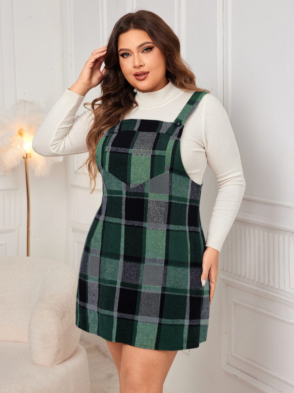Plus Size Plaid Wide Strap Overall Dress - Trendsi