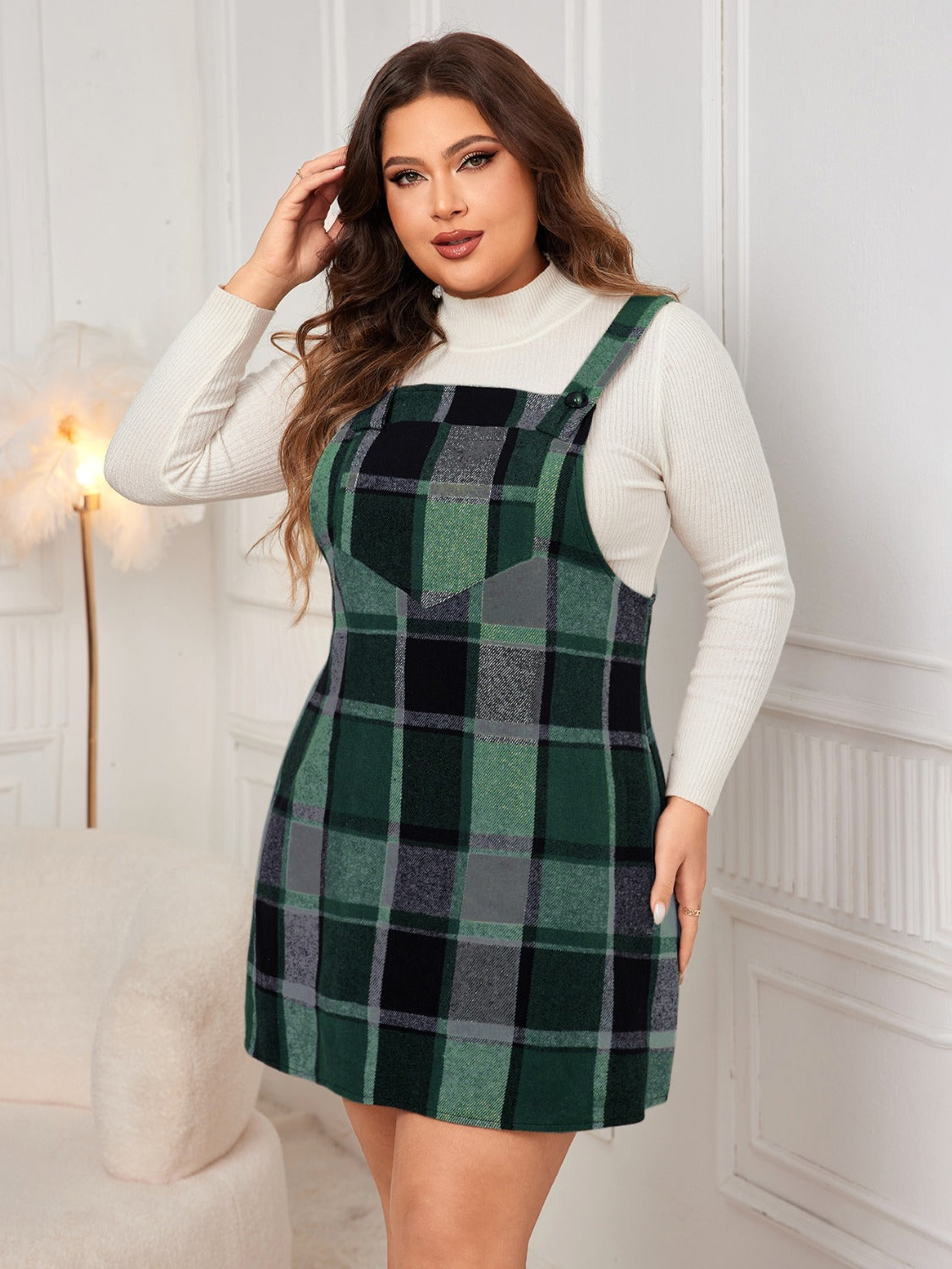 Plus Size Plaid Wide Strap Overall Dress - Trendsi - Flyclothing LLC