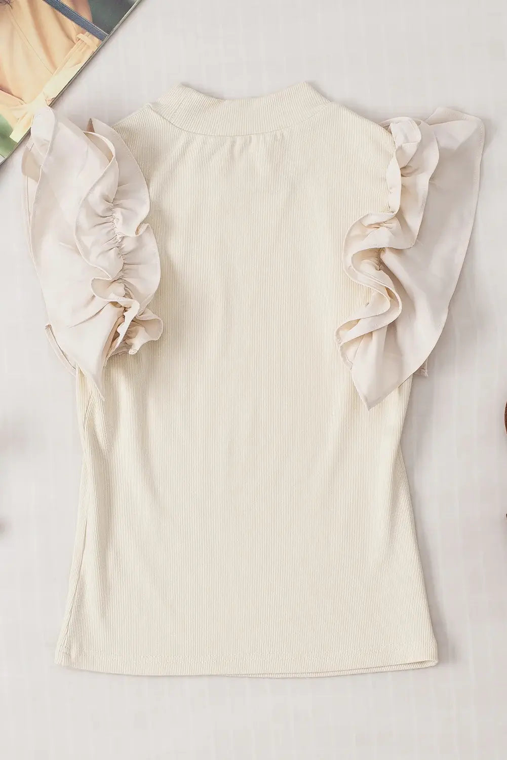 Ruffle Flutter Sleeve Mock Neck Ribbed Top - Trendsi - Flyclothing LLC