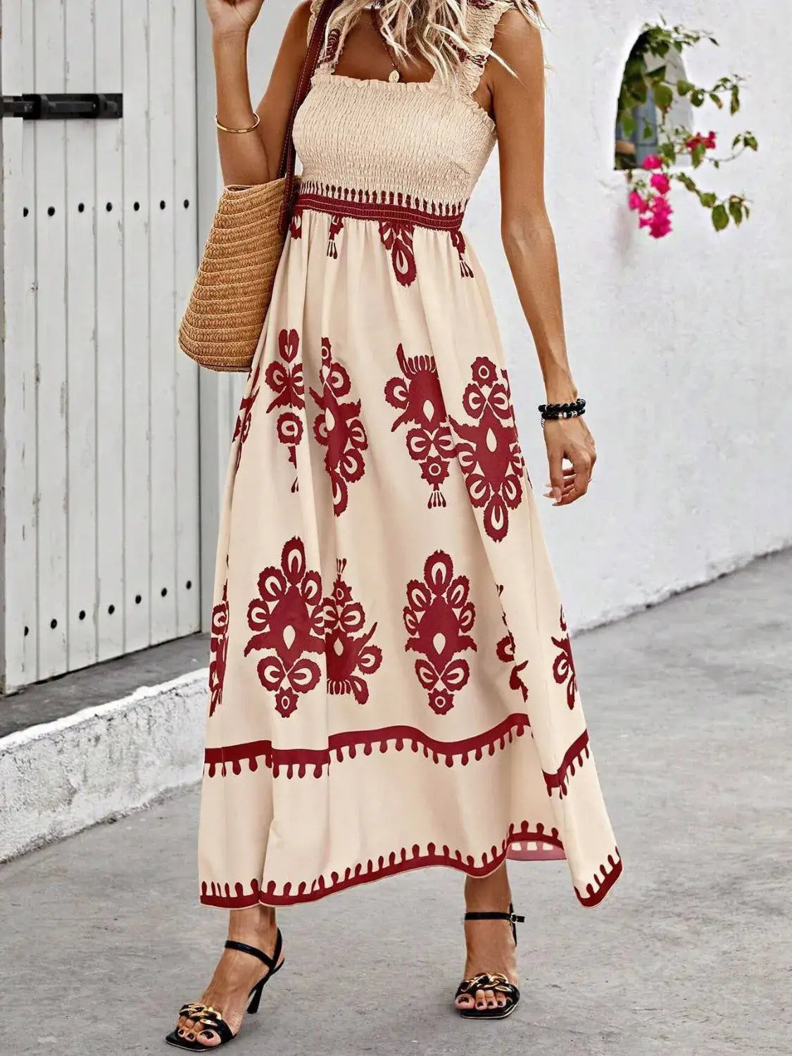 Smocked Printed Wide Strap Maxi Dress - Trendsi - Flyclothing LLC