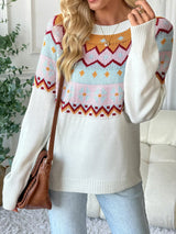 Contrast Round Neck Long Sleeve Sweater - Trendsi - Flyclothing LLC