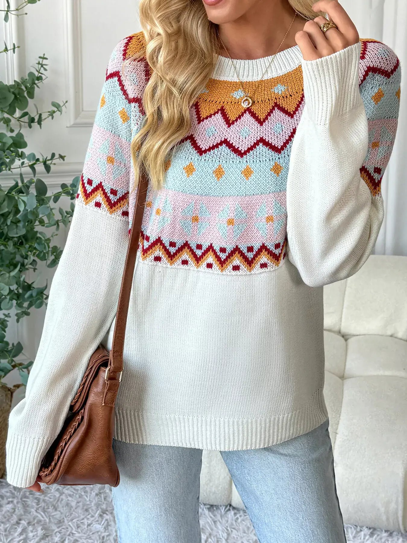 Contrast Round Neck Long Sleeve Sweater - Trendsi - Flyclothing LLC