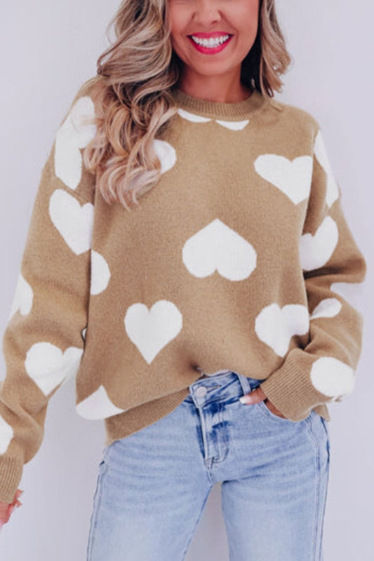 Heart Round Neck Long Sleeve Sweater - Trendsi