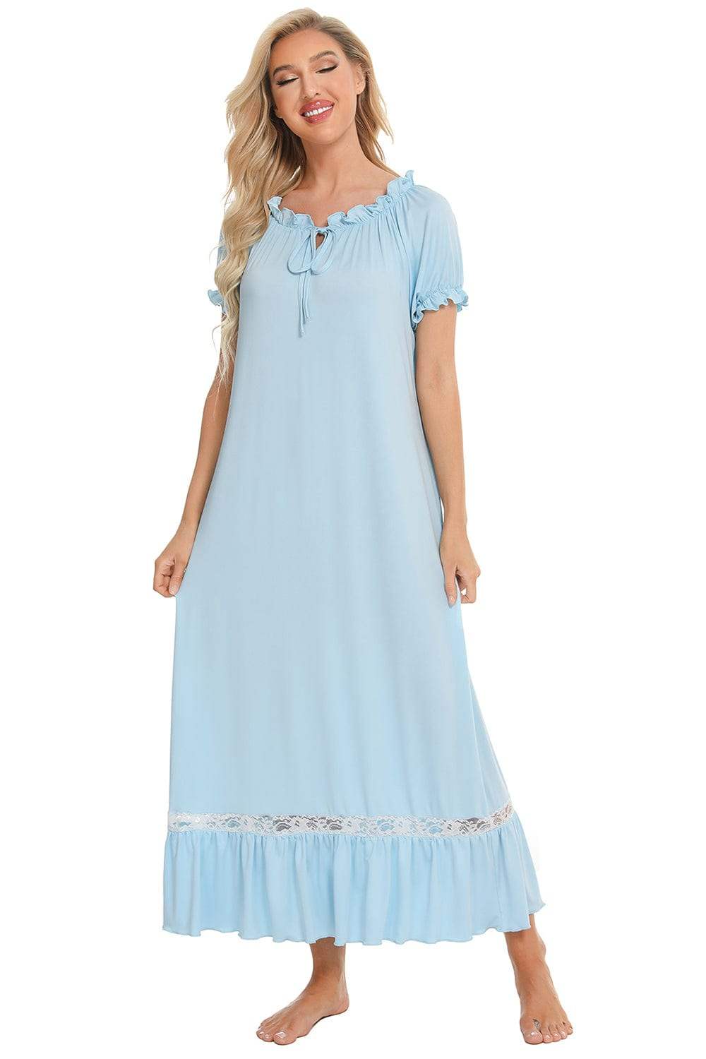Lace Detail Short Sleeve Lounge Dress - Trendsi - Flyclothing LLC