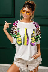 BiBi Sequin Mardi Gras Bottles Spangled Sleeve Top - Trendsi - Flyclothing LLC