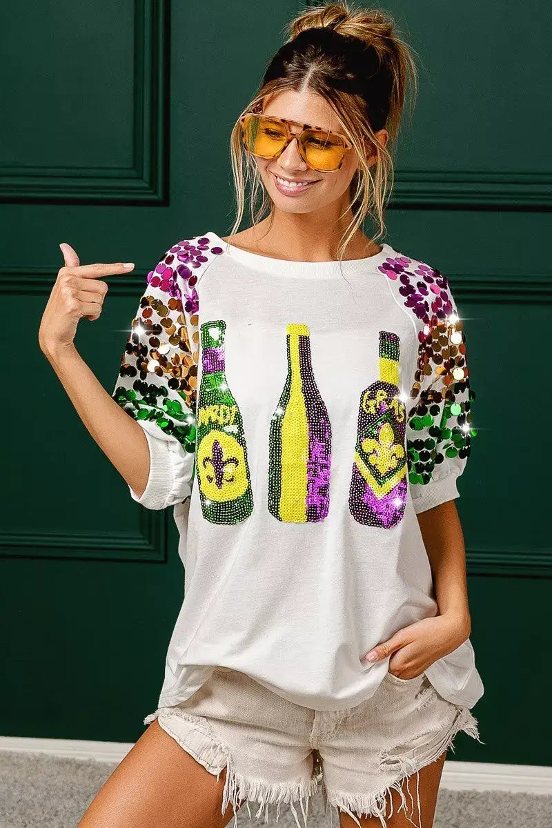 BiBi Sequin Mardi Gras Bottles Spangled Sleeve Top - Trendsi - Flyclothing LLC