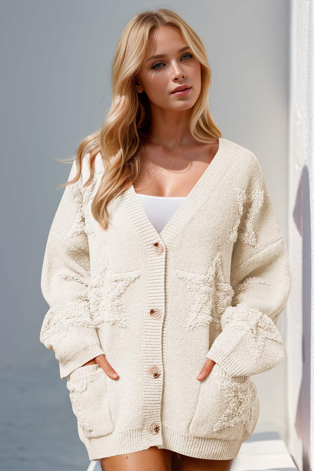 Double Take Full Size Button Up Star Pattern Cardigan - Trendsi - Flyclothing LLC