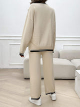Round Neck Dropped Shoulder Top and Pants Sweater Set - Trendsi - Flyclothing LLC