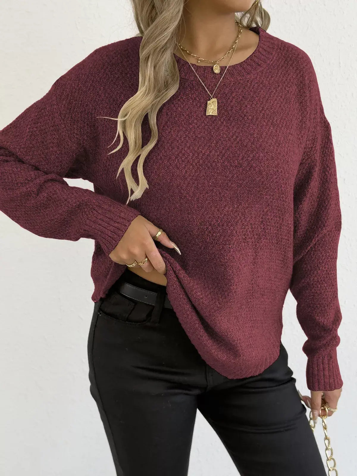 Textured Knit Relaxed Fit Round Neck Sweater - Trendsi - Flyclothing LLC