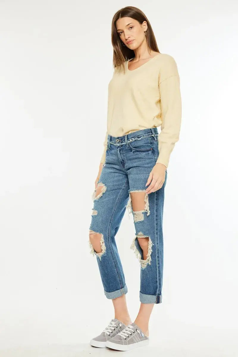 Kancan Distressed Mid Rise True Boyfriend Jeans - Trendsi - Flyclothing LLC