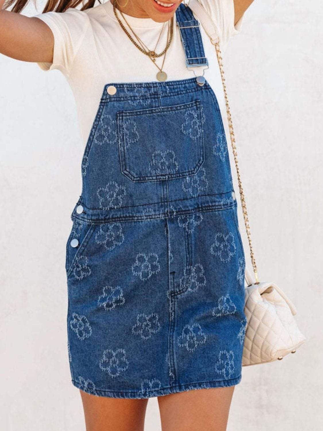 Flower Wide Strap Denim Overall Dress with Pockets - Trendsi - Flyclothing LLC