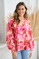 Hailey & Co Ruffle V-Neck Decor Button Floral Blouse - Trendsi - Flyclothing LLC