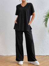 V-Neck Short Sleeve Top and Pants Set - Trendsi - Flyclothing LLC