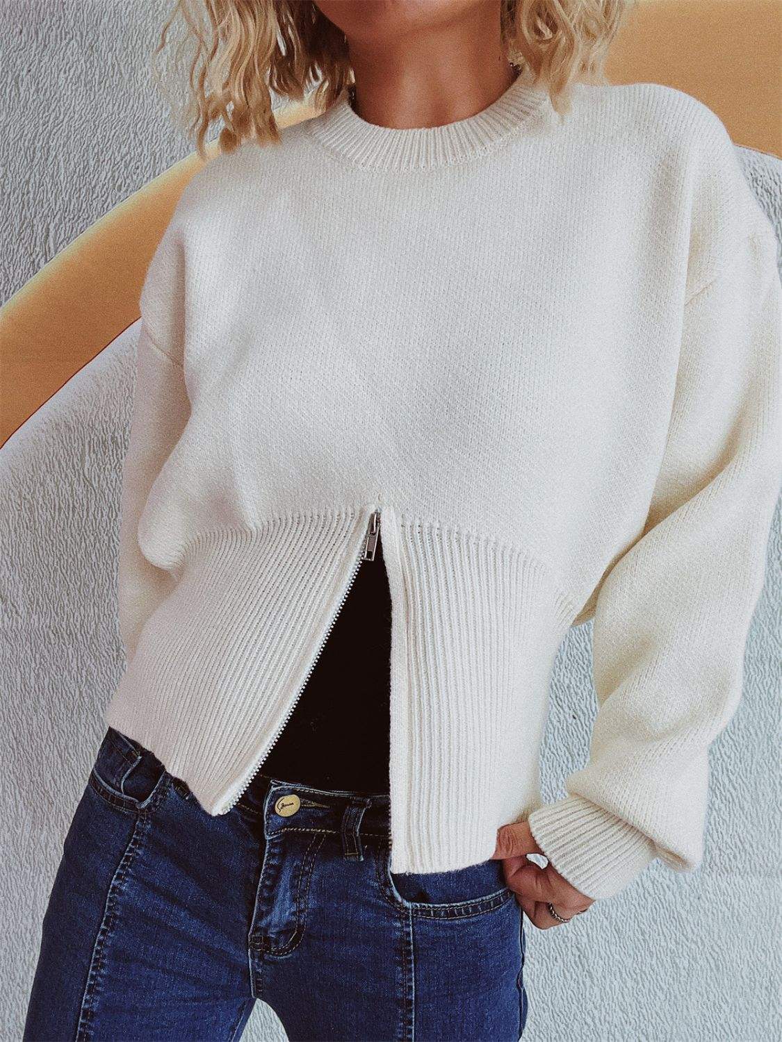 Round Neck Half Zip Long Sleeve Sweater - Trendsi - Flyclothing LLC