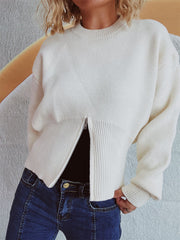 Round Neck Half Zip Long Sleeve Sweater - Trendsi